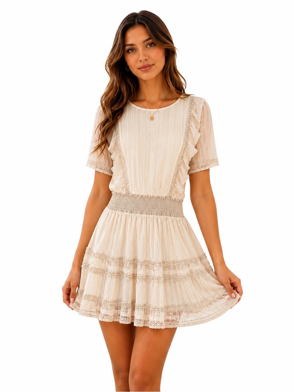Elegant Cream Lace-Trim Mini Dress